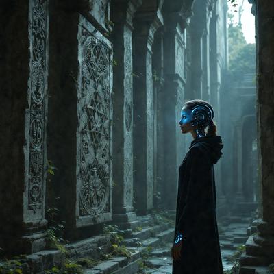 The primary subject of the image is a woman wearing a futuristic-looking helmet, standing in a dark, stone-walled hallway. The setting appears to be a stone-based, underground environment. The visual style of the image is a combination of photo and digital art, creating a unique and intriguing atmosphere. The dominant colors in the image are dark and muted tones, with the woman's helmet being the most prominent and eye-catching feature.